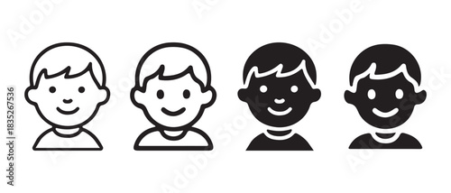 Simple happy boy face avatar icon set. smiling child profile symbol graphic.