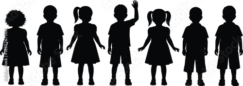 Silhouette of children standing in a row, boys and girls posing together, kid figures in various stances, isolated on white background