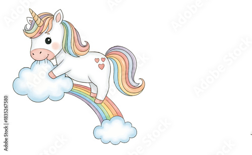Cute cartoon vector illustration of a little baby girl and a pink pony unicorn character