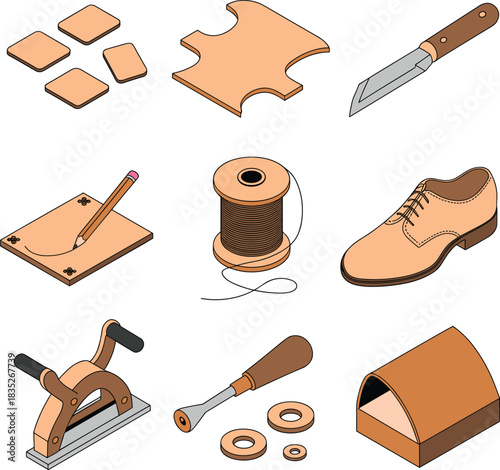 Isometric leathercraft tools and materials set featuring leather pieces, knife, thread spool, awl, punch tool, shoe model and crafting accessories