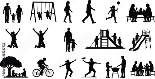 Silhouettes of families and children playing outdoors with swings, slides, cycling, jumping, picnicking, and enjoying various outdoor recreational activities