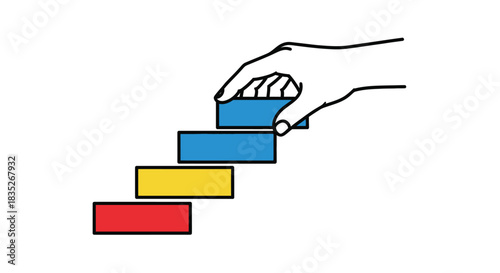 Hand reaching for stacked colorful blocks representing progress or building