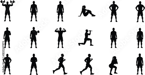 Silhouettes of men and women exercising with dumbbells, running, squatting, and training in various fitness workout poses, gym activity illustration