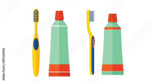Simple illustration displaying two toothbrushes and two tubes of toothpaste