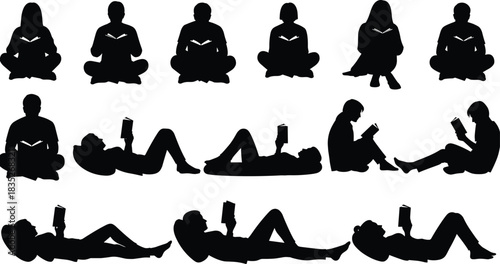 Silhouette collection of people reading books in sitting and lying positions, relaxing readers illustration for education, learning, study and lifestyle designs