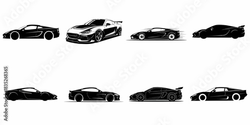 Vector collection of eight modern high-performance sports car and supercar silhouettes, perfect for logos, emblems, motorsport, racing, and automotive graphic design.