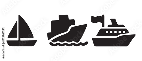 Set of water vessels sailboat, cargo ship, and cruise ship icons.