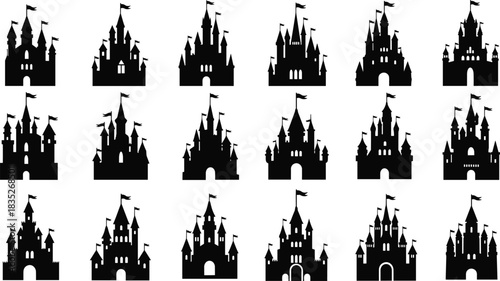 Collection of fantasy castle silhouettes with towers, flags and medieval architecture, fairy tale fortress icons for design, decoration and illustration