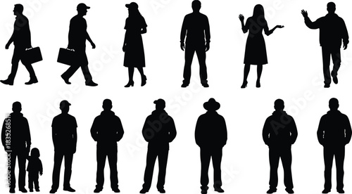 Collection of diverse human silhouettes walking, standing, talking and posing, people illustration set for design, presentation, advertising and graphic projects