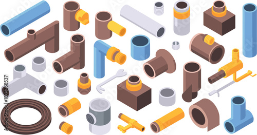 Isometric plumbing fittings collection featuring PVC, metal and brass pipe connectors, elbows, tees, couplings and tubing components for construction design