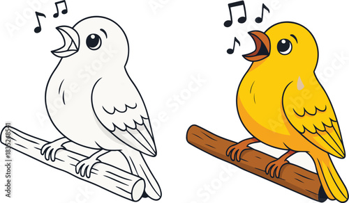 Cute Cartoon Yellow Bird Singing on a Branch with Music Notes and Outline Illustration