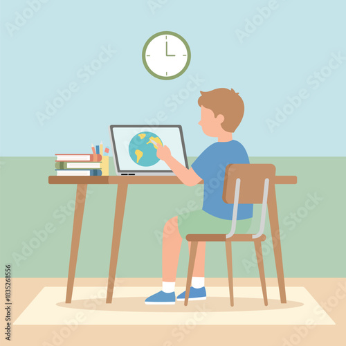 Child Studying World Map on Laptop at Home Desk with Textbook Stacks
