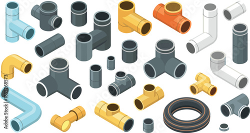 Isometric plumbing fittings collection featuring PVC, metal and brass pipe connectors, elbows, tees, couplings and tubing components for construction design