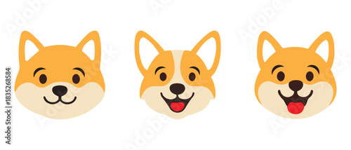 Cute shiba inu corgi dog faces with various happy expression set.