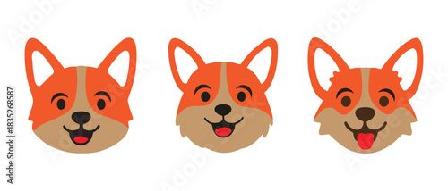 Cartoon corgi dog faces set, happy puppy vector illustration.