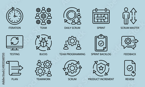 Creative design and planning elements bundle, featuring cute otter cartoon couple, colorful polka dot washi tape, and professional agile scrum line icons vector set.