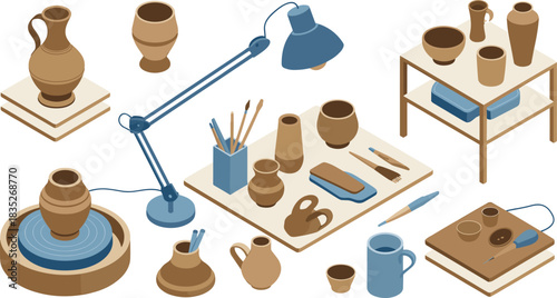 Isometric pottery studio illustration with ceramic tools, pottery wheel, sculpting equipment, finished clay vases, workshop lighting, artisan crafting workspace setup