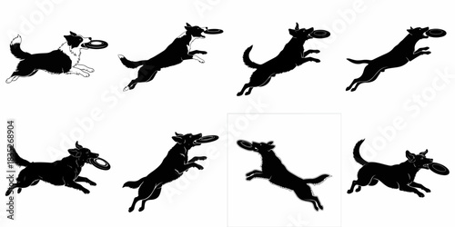 Eight dynamic dog illustrations catching a frisbee in action poses. Vector art set of pet agility and play in black and white silhouette styles.