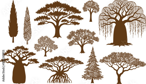 Set of various brown tropical and deciduous tree silhouettes vector illustration on background