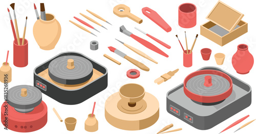 Isometric pottery studio set featuring wheels, sculpting tools, brushes, clay vessels, carving instruments and crafting equipment for ceramics workshop illustration