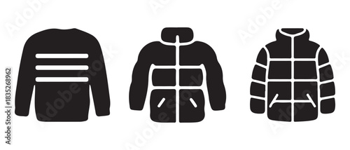 Winter clothing icons set: sweater, jacket, and puffer coat.
