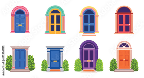 Colorful arched doorways and entranceways with varying designs illustrated in a flat style