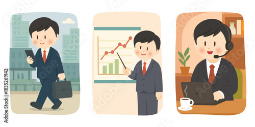 ビジネスシーンの男性イラストセット（通勤・プレゼン・在宅ワーク）、Business Scenes Set for Men