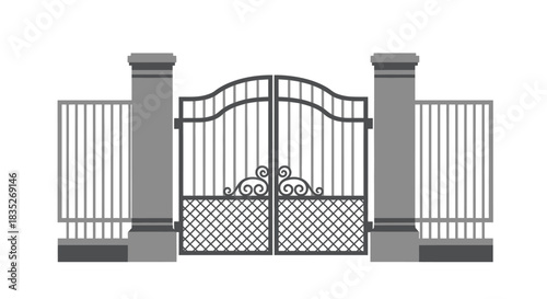 Elegant wrought iron gate with stone pillars a detailed architectural design