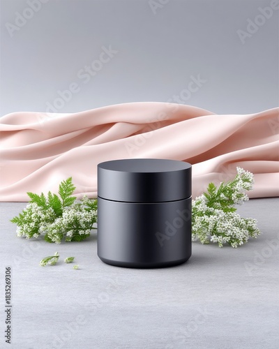 Black Cosmetic Jar on Silk and Flowers