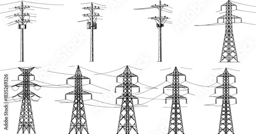 Electrical power lines, high-voltage transmission towers, distribution poles, and utility infrastructure vector set for energy, electricity, and telecommunication network designs, black and white.