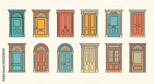 A collection of colorful vintage doors in a decorative arrangement