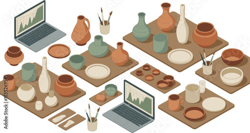 Isometric pottery workshop illustration featuring ceramic bowls, vases, cups, sculpting tools, laptops and crafting boards in a creative studio environment