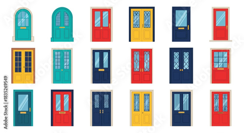 A colorful collection of various cartoon doors in a grid layout