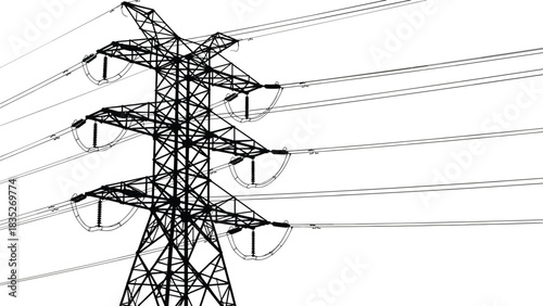 High voltage electric power transmission tower with multiple conductors, electricity grid infrastructure, energy supply line, isolated black and white vector silhouette graphic.