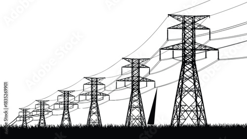 High Voltage Power Line Transmission Towers Silhouette Vector Illustration on Grass, Electricity Pylon Infrastructure Grid, Energy Distribution Industry Concept.
