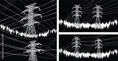 High-voltage electrical power lines and transmission towers silhouetted against a dark night sky over a spooky forest, electricity infrastructure landscape.