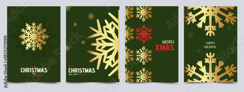 Merry Christmas greeting card set with golden snow flakes on green background. Trendy Holidays art templates with snowflakes. Festive winter background for poster, cover, social media, flyer, ads
