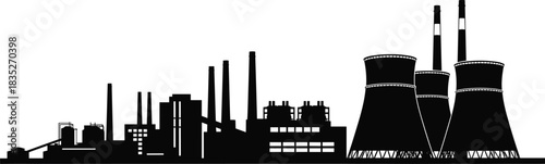 Industrial factory complex silhouette, power plant cooling towers, manufacturing industry skyline, pollution, energy, heavy business, dark graphic background.
