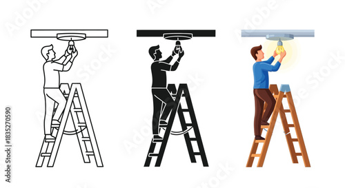 Set of three illustrations showing a man standing a ladder installing or changing a ceiling light fixture in outline, silhouette and color versions