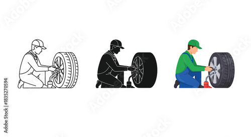 Set of three icons showing a mechanic or driver kneeling to inflate a car tire with an air pump