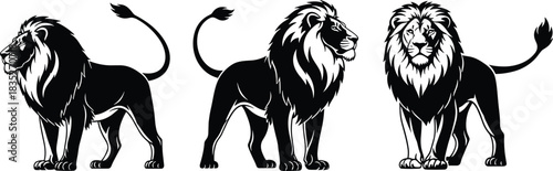 Majestic Black Lion Silhouette Vector Set, Royal King of the Jungle Logo or Mascot Design, Roaring Strength, Power and Authority Symbol