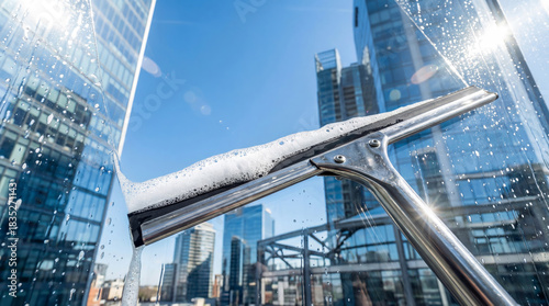 Process of cleaning the glass facade of a skyscraper using a squeegee and foam on a clear sunny day