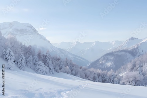 Snowy Mountain Valley Under Clear Blue Sky