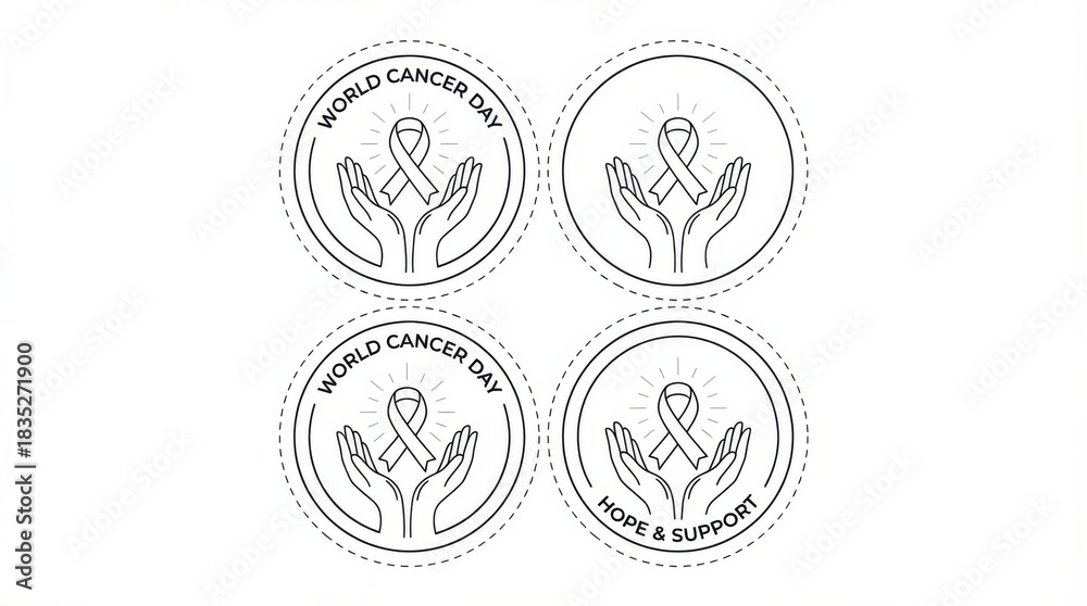 Obraz premium line art round sticker sheet template for world cancer day illustration template featuring hands holding a ribbon symbol with gentle glow on pure white background isolated for easy use