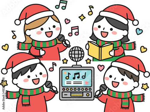 Illustration of four people singing Christmas carols with a karaoke machine.