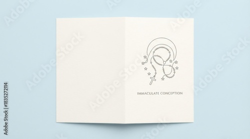 line art greeting card cover template for immaculate conception illustration template featuring simple rosary outline with small stars on simple pastel background with plenty of empty space