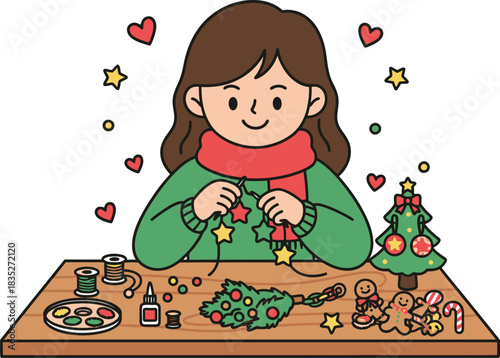 Illustration of a woman crafting Christmas decorations at a table with various craft supplies.