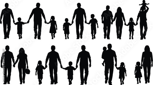 Family silhouette set, parenting bond, adult and children, holding hands, carrying kids, black vector, unity, care, love, interaction, structure