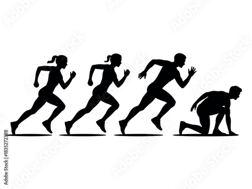 Diverse athletes in silhouette prepare for a race, showing movement and competition.