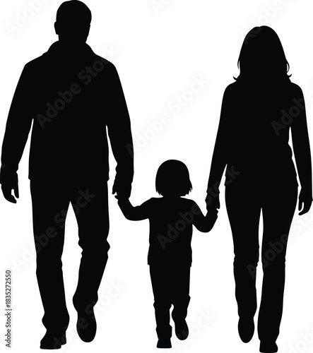 Family silhouette, walking together, parent child bond, black shadow figures, minimal vector art, protection theme, unity posture, emotional connection